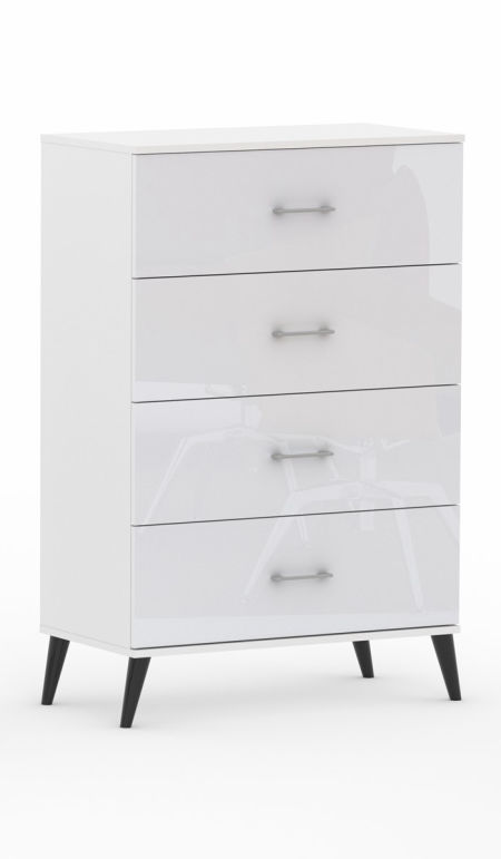 Komoda POLA 4N Biała Połysk - 4 szerokości. Pojemna komoda na nóżkach